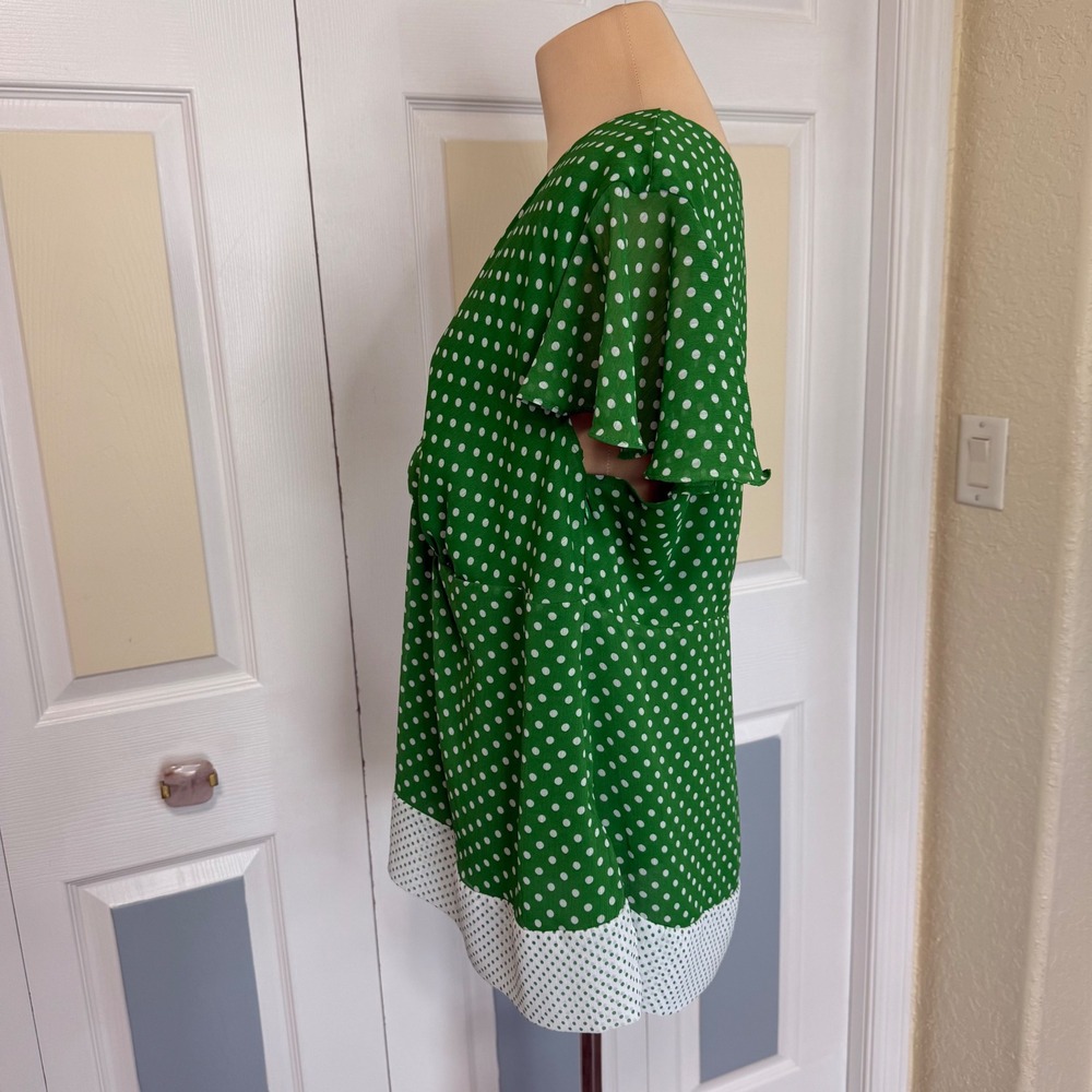 Lane Bryant Green White Polka Dot V-Neck Flutter Sleeve Blouse 14/16 Tunic - Picture 3 of 7